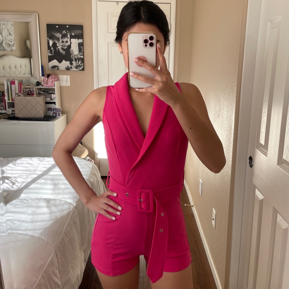 Hot Pink Sleeveless Belted Romper